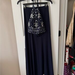 Navy Embellished Maxi Skirt with Decorative Waist Panel- Prom